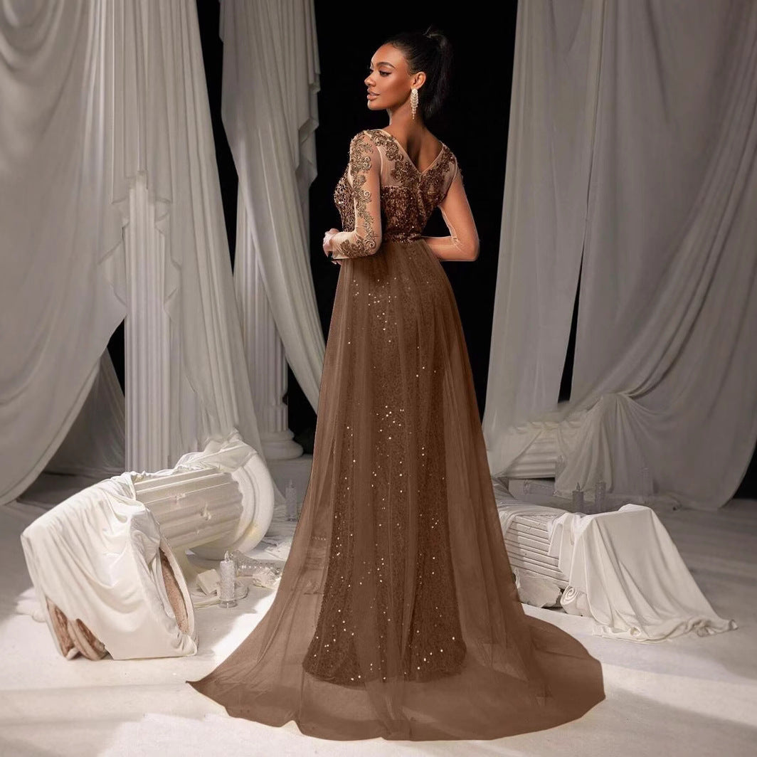 Damen Glitzerndes Abendkleid mit langen Ärmeln und transparentem Überrock Heidi-Mode