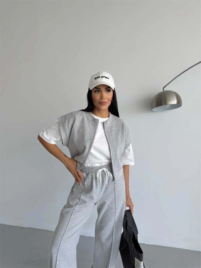 Damen sportliches Twin-Set mit kurzem Reißverschluss und weiten Hosen Heidi-Mode