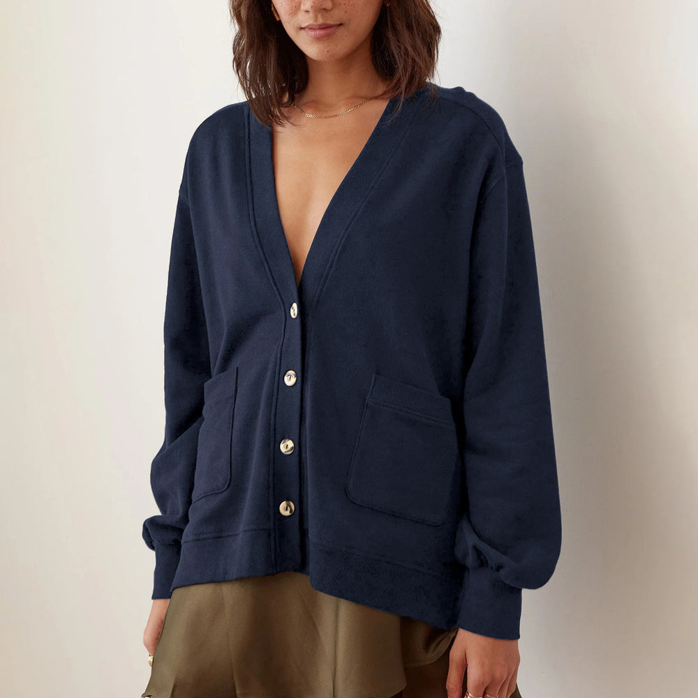 Damen lässige Strickjacke mit tiefem V-Ausschnitt und großen Taschen Heidi-Mode