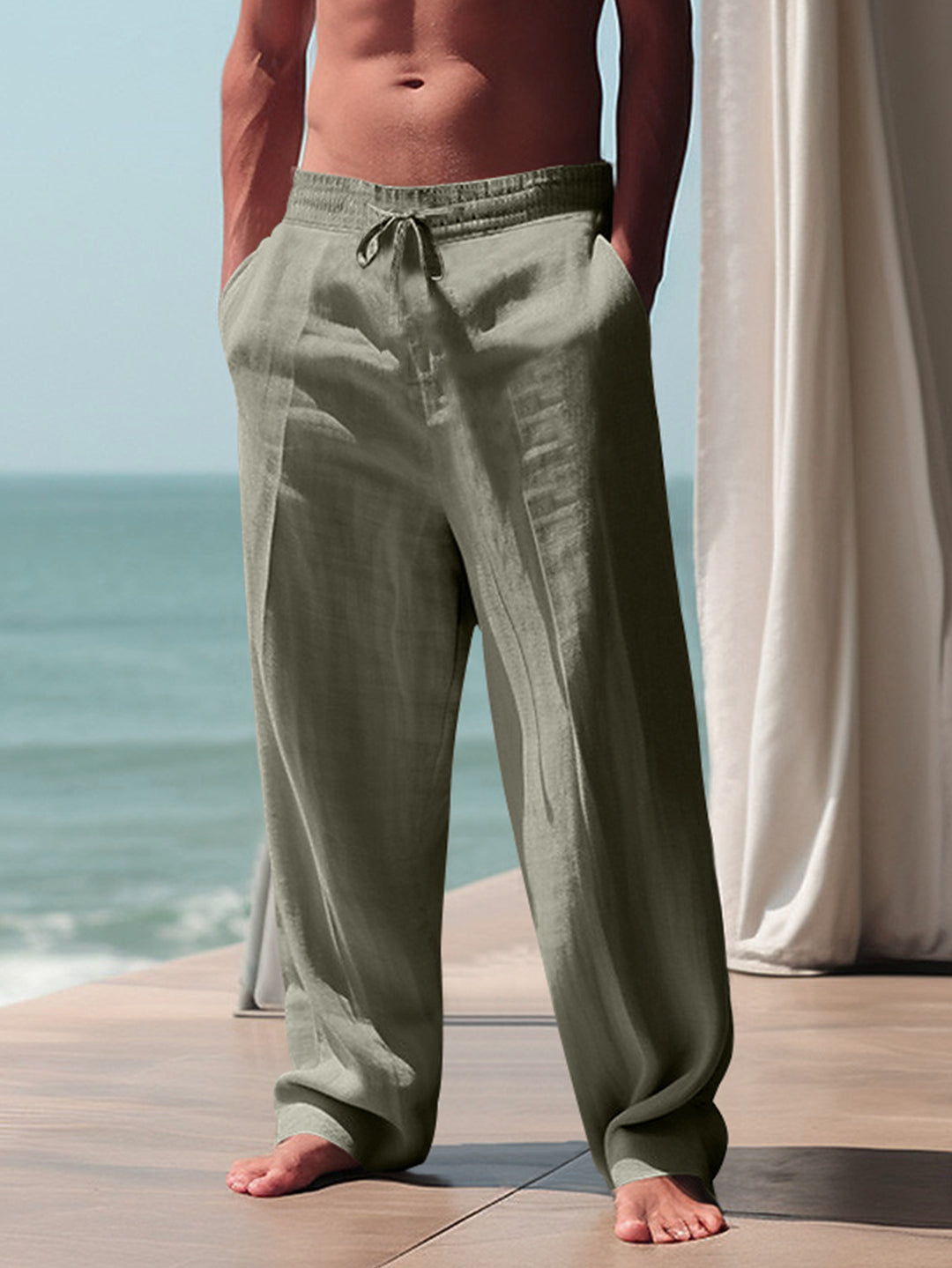 Herren Bequeme Leinenhose mit elastischem Bund und seitlichen Taschen Heidi-Mode