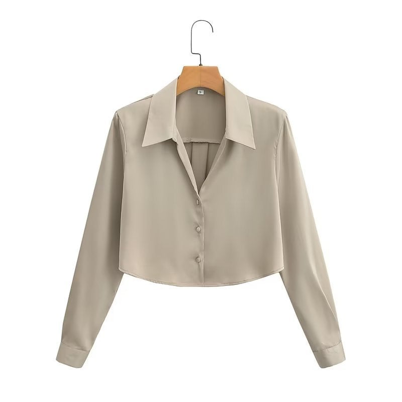 Damen Crop-Bluse mit elegantem Kragen und durchgehendem Knopfverschluss Heidi-Mode
