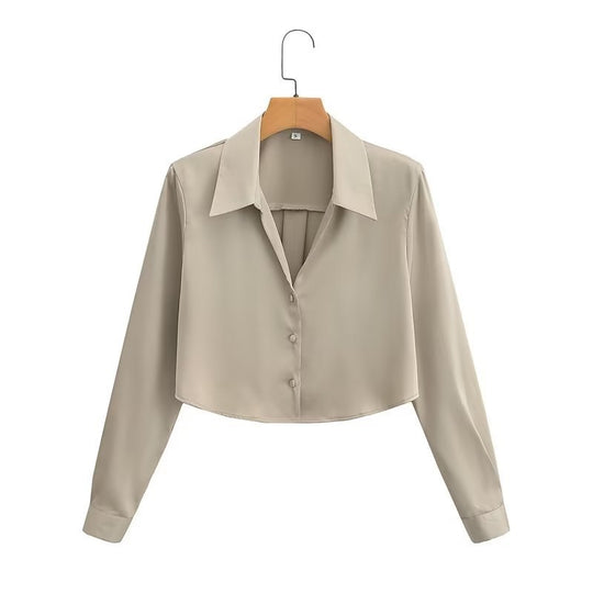 Damen Crop-Bluse mit elegantem Kragen und durchgehendem Knopfverschluss Heidi-Mode