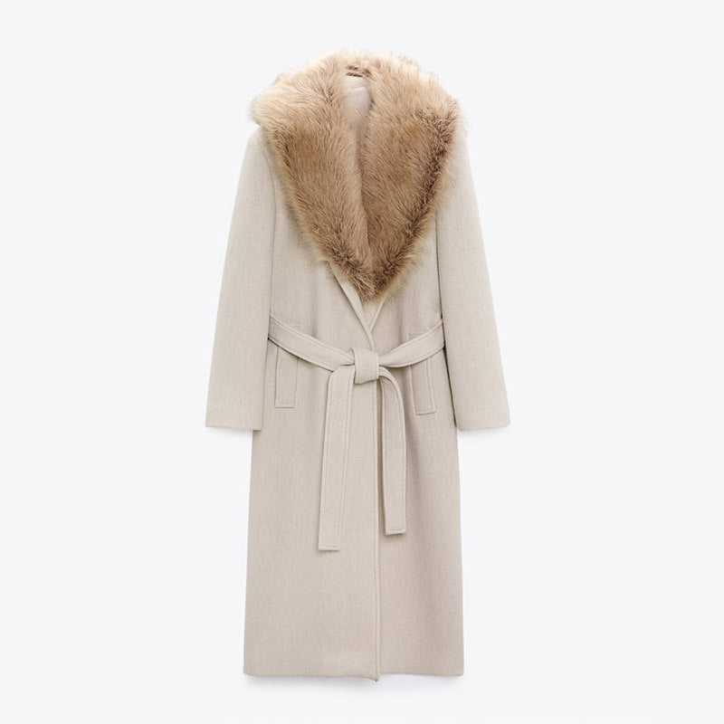 Damen Eleganter Trenchcoat mit gemütlichem Faux-Fur-Kragen und taillierbarem Gürtel Heidi-Mode