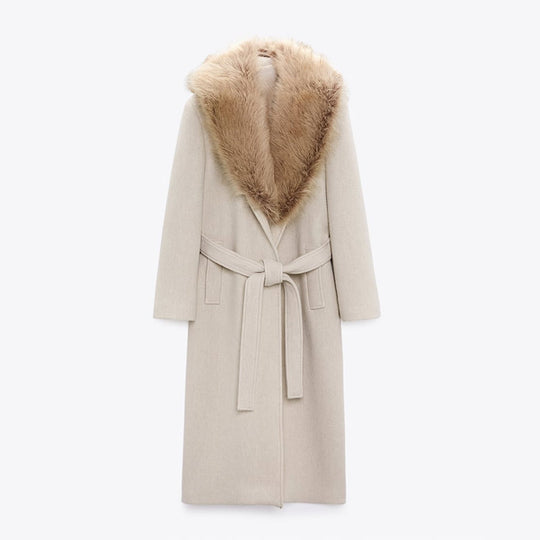 Damen Eleganter Trenchcoat mit gemütlichem Faux-Fur-Kragen und taillierbarem Gürtel Heidi-Mode
