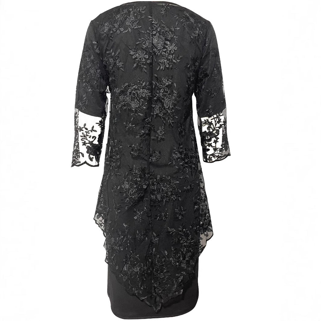 Damen Elegantes Blusen-Kleid mit floralen Spitze-Ärmeln und schwingendem Saum Heidi-Mode