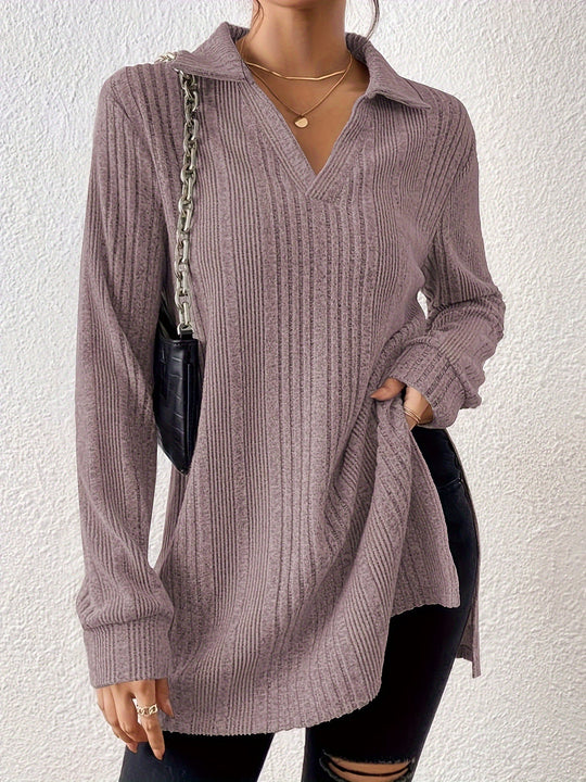 Damen Langarm Shirt mit strukturiertem V-Ausschnitt und schmalen Rippdetails Heidi-Mode