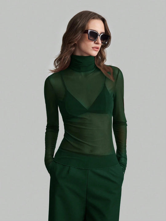 Damen Transparente Turtleneck-Bluse mit figurformendem Schnitt Heidi-Mode