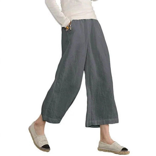 Damen weite Leinenhose mit seitlichen Taschen und elastischem Bund Heidi-Mode