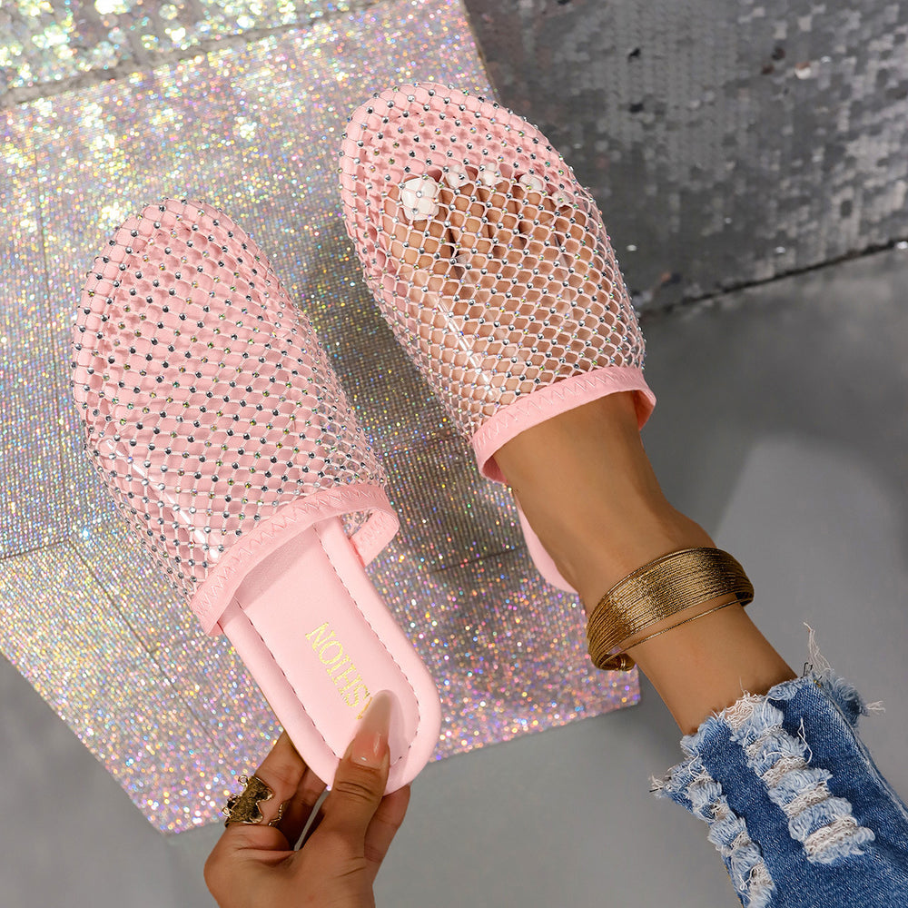 Damen Pantolette mit funkelnden Strassapplikationen und elegantem Netzdesign Heidi-Mode