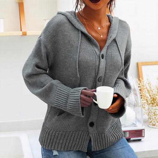 Damen Grober Strickcardigan mit Kapuze und praktischen Taschen Heidi-Mode