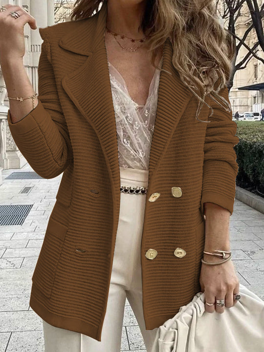 Damen eleganter Strickblazer mit doppelter Knopfleiste und Taschen Heidi-Mode