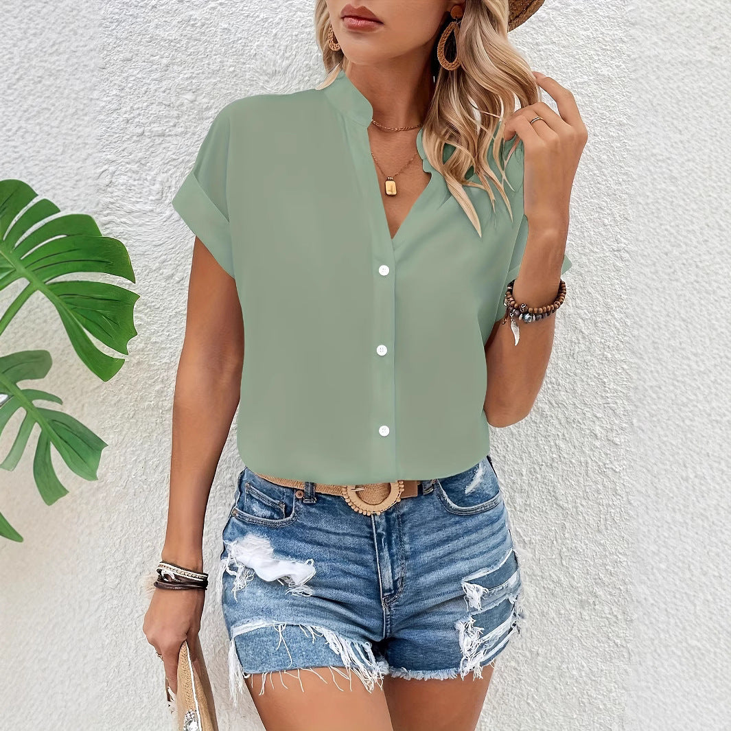 Damen Kurze Bluse mit Stehkragen und Knopfverschluss Heidi-Mode