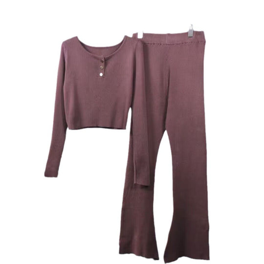 Damen lässiges Strick-Loungewear-Set mit Knopfdetails und weitem Bein Heidi-Mode