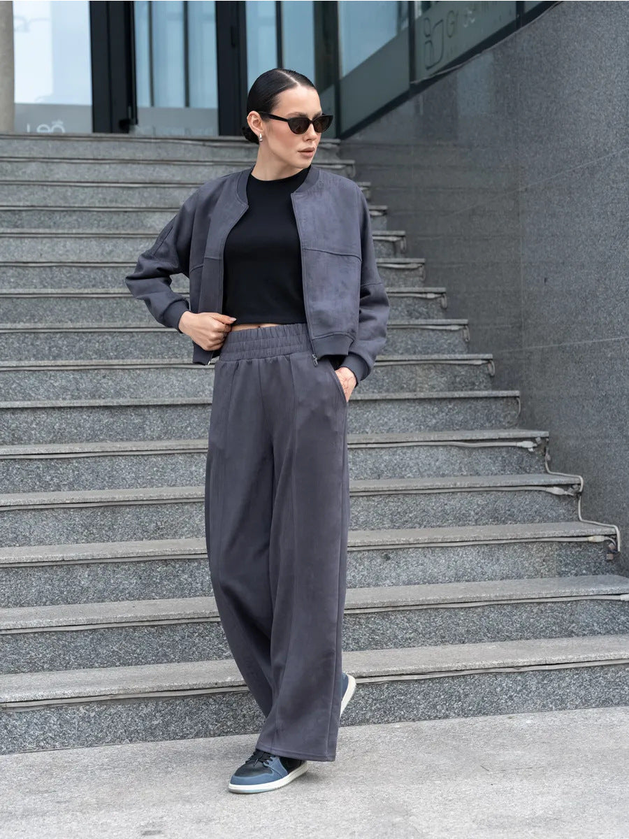 Damen Sportliche Loungewear-Jacke und weite Hose mit elastischem Bund Heidi-Mode