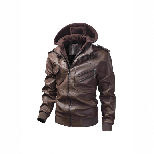 Herren Kunstlederjacke mit abnehmbarer Kapuze und Multifunktions-Taschen Heidi-Mode