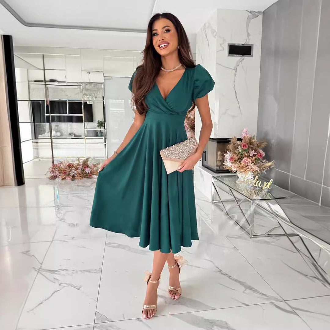 Damen A-Linie Kleid mit Puffärmeln und schmalem V-Ausschnitt Heidi-Mode