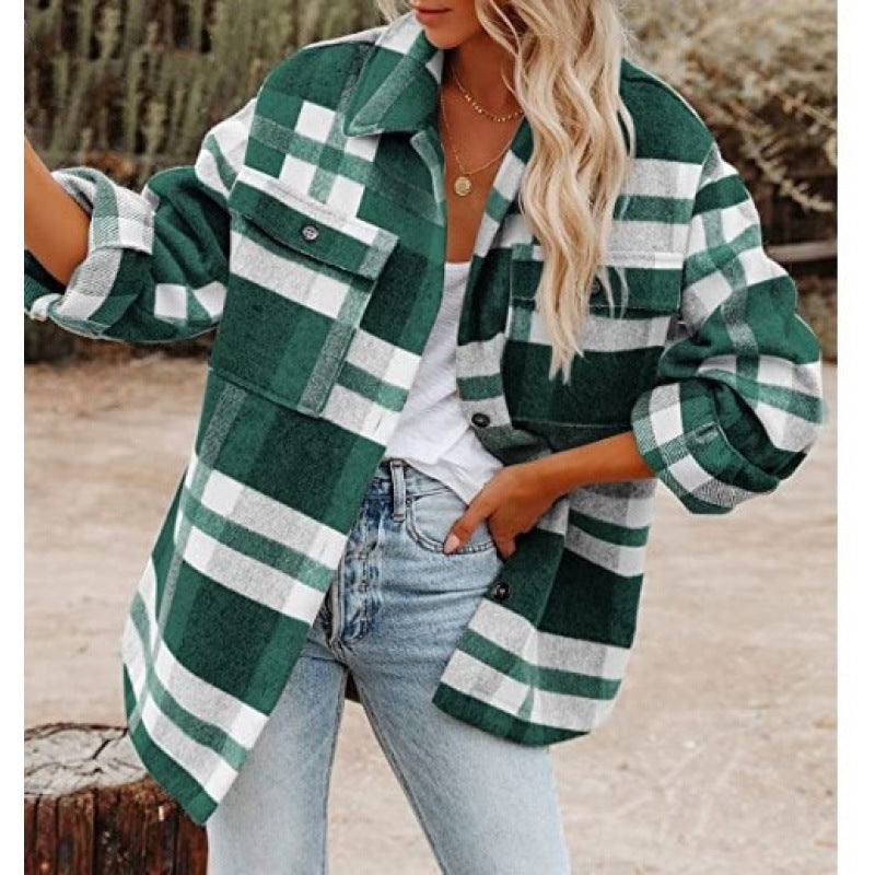 Damen Karobluse mit oversized Schnitt und Taschen Heidi-Mode