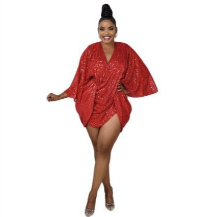 Damen Glitzerndes Kaftan Kleid mit tiefem V-Ausschnitt und voluminösen Ärmeln Heidi-Mode