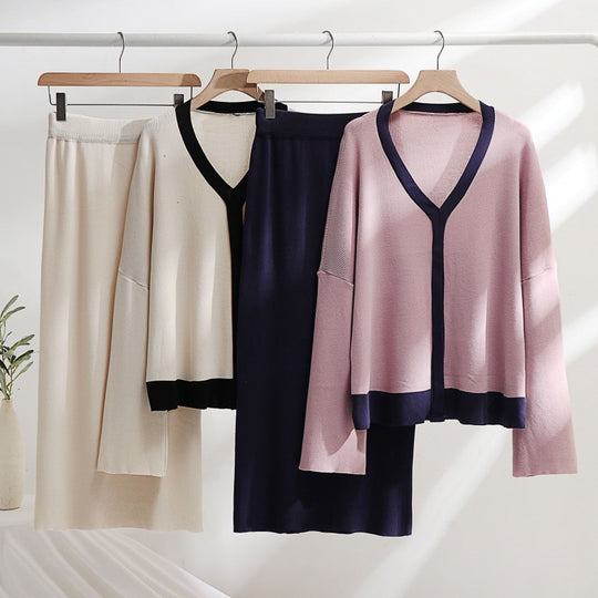 Damen elegantes Strick-Kombinationsset mit tiefem V-Ausschnitt und Kontrastdetails Heidi-Mode