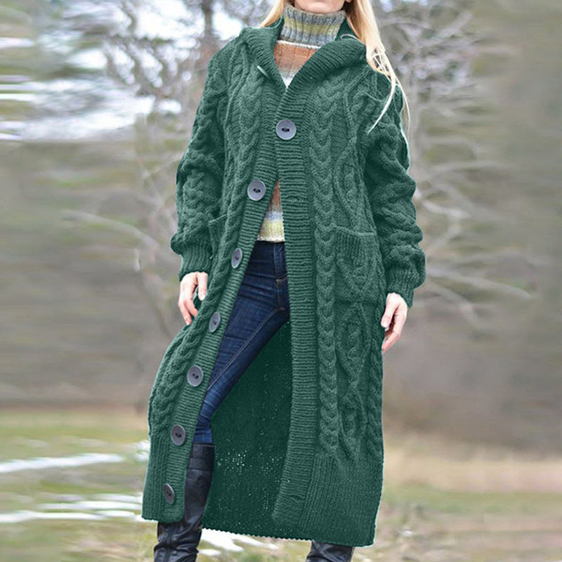 Damen Langer Strickmantel mit Kapuze und klassischem Zopfdesign Heidi-Mode