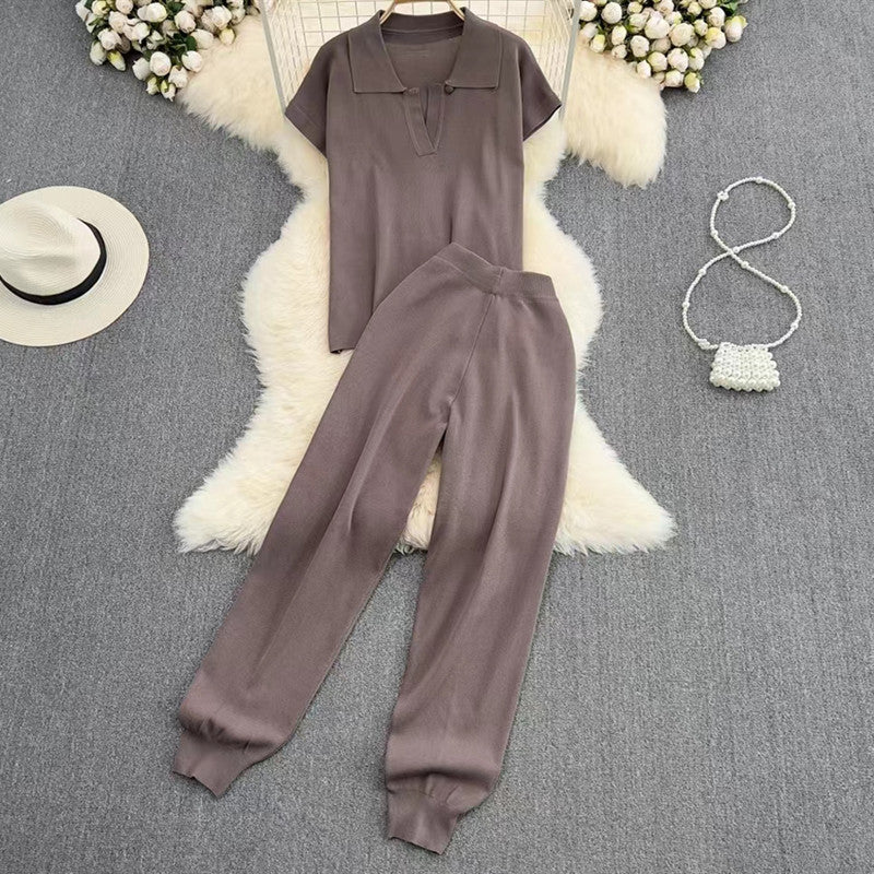 Damen elegantes Lounge-Set mit kurzärmligem Polo und weiten Hosen Heidi-Mode