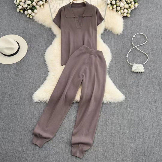 Damen elegantes Lounge-Set mit kurzärmligem Polo und weiten Hosen Heidi-Mode