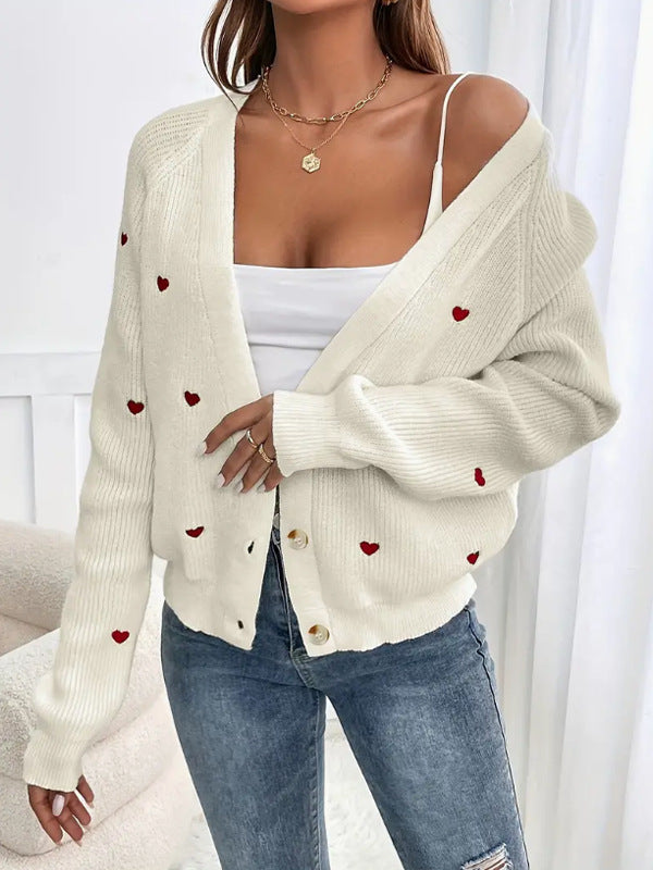 Damen Strickjacke mit Herzmotiven und Knopfverschluss Heidi-Mode