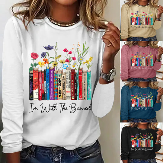 Damen Langarmshirt mit Bücher- und Blumenmotiv Heidi-Mode