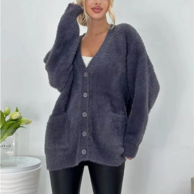 Damen Flauschiger Cardigan mit großen Taschen und lockerer Passform Heidi-Mode