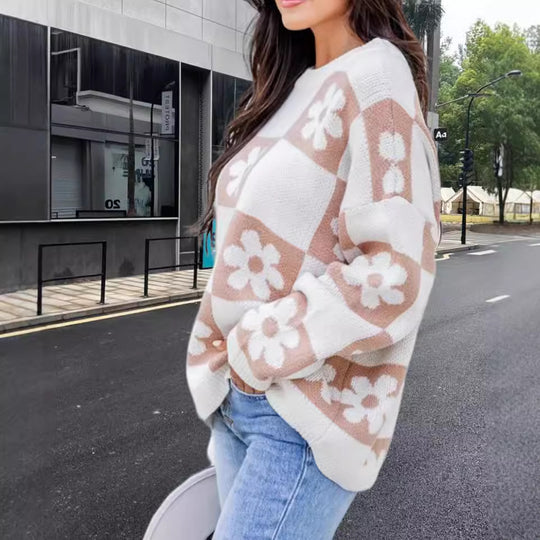 Damen Oversized Strickpullover mit floralem Muster und lässigem Schnitt Heidi-Mode