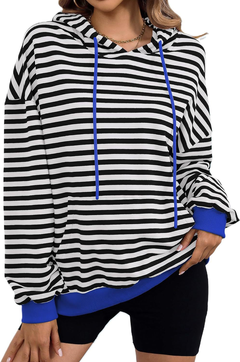 Damen gestreifter Kapuzenpullover mit stylischer Kängurutasche Heidi-Mode