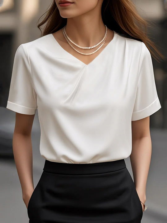 Damen Elegantes V-Ausschnitt Blusenshirt mit kurzärmeligen Design Heidi-Mode
