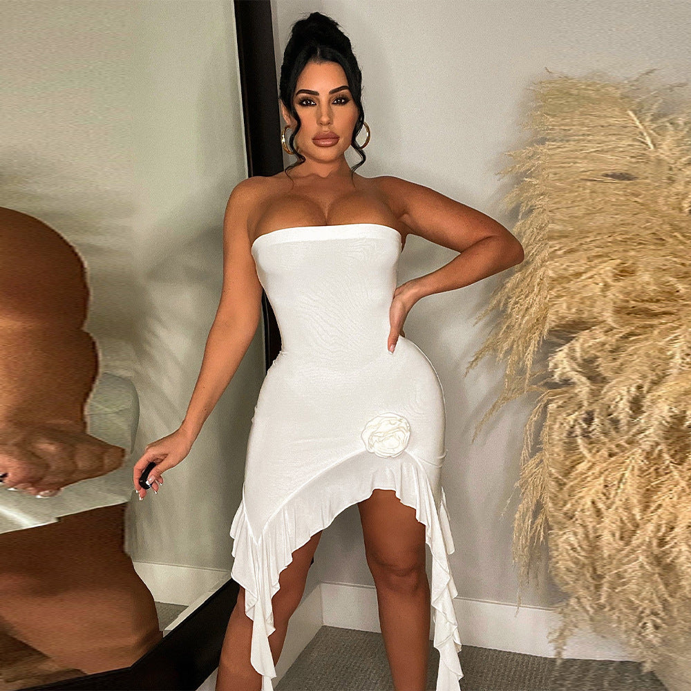 Damen Rüschen Kleid mit trägerlosem Design und asymmetrischem Saum Heidi-Mode