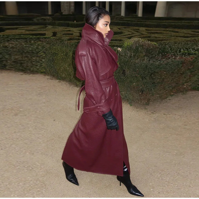Damen Oversized Kunstleder-Trenchcoat mit hohem Kragen und abnehmbaren Gürtel Heidi-Mode