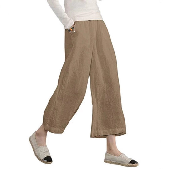 Damen weite Leinenhose mit seitlichen Taschen und elastischem Bund Heidi-Mode
