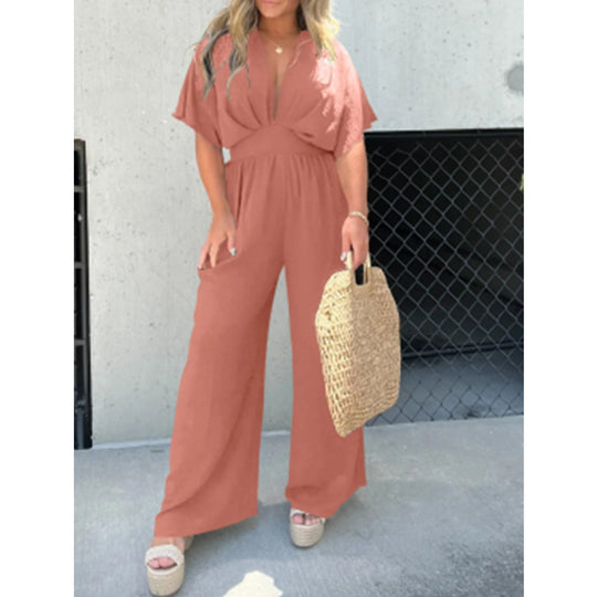 Damen eleganter Overall mit weitem Bein und tiefem V-Ausschnitt Heidi-Mode