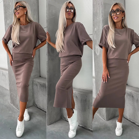 Damen Modisches Strickensemble mit lässigem Oberteil und weitem Rock Heidi-Mode