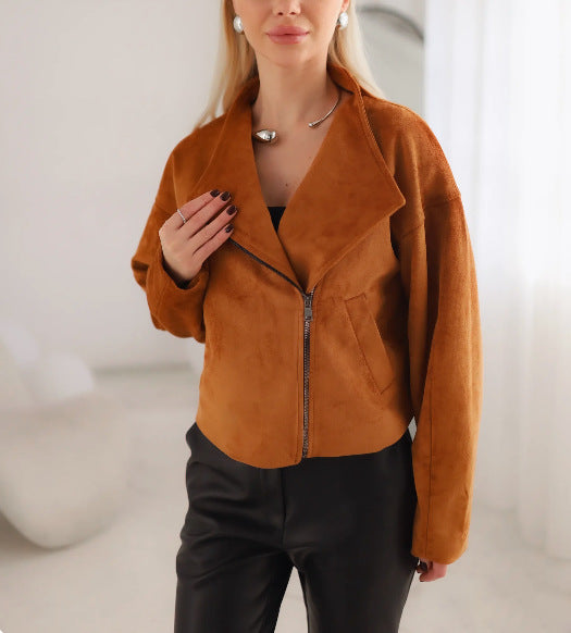 Damen Trendige Kurzjacke im lässigen Biker-Stil mit asymmetrischem Reißverschluss und tiefem Kragen Heidi-Mode