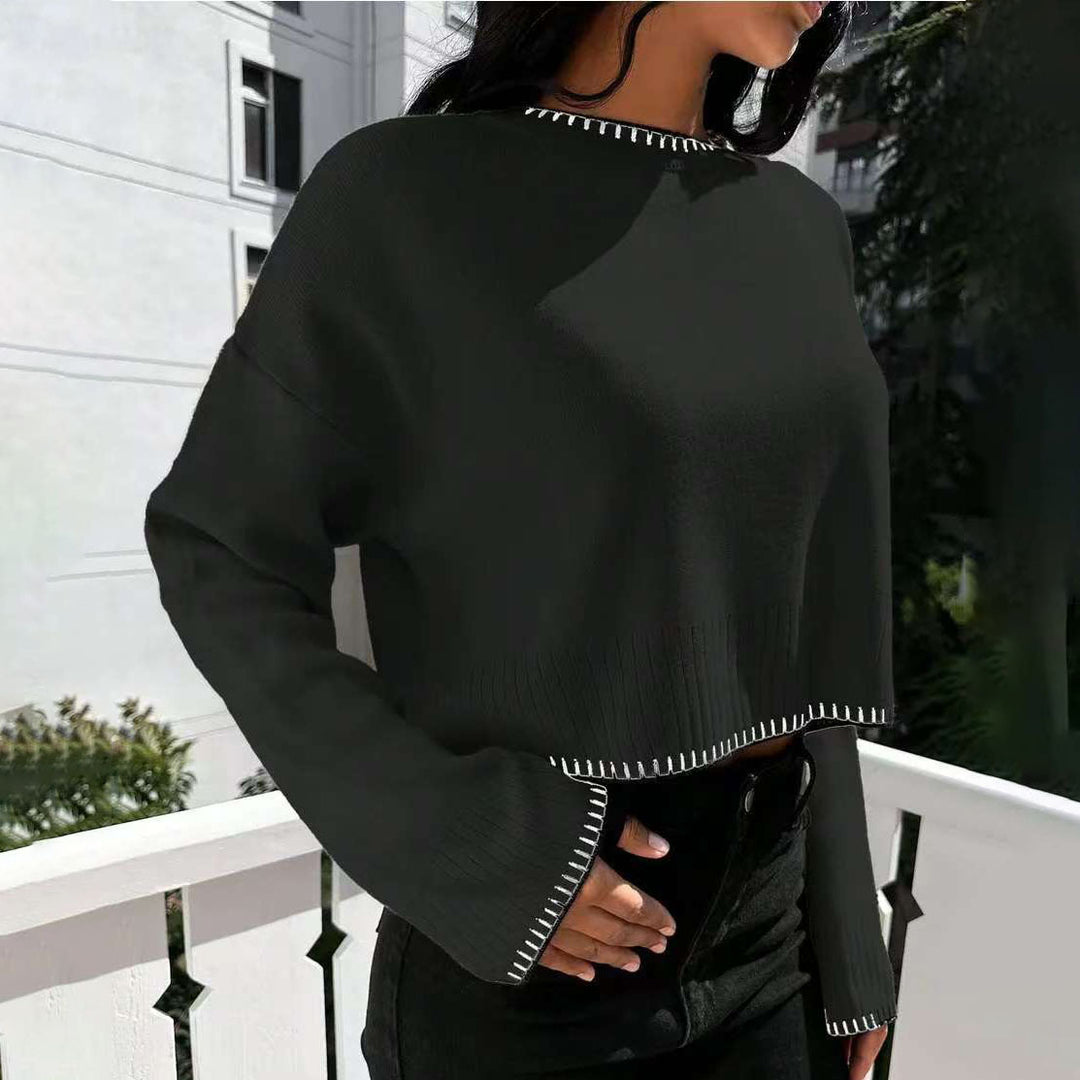 Damen lässiger Cropped Pullover mit feiner Rippstruktur und elastischem Bund Heidi-Mode
