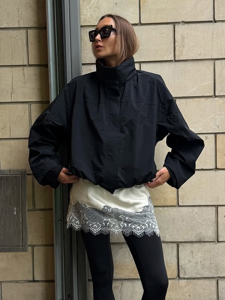 Damen lässige oversized Jacke mit hohem Kragen und verstellbarem Verschluss Heidi-Mode