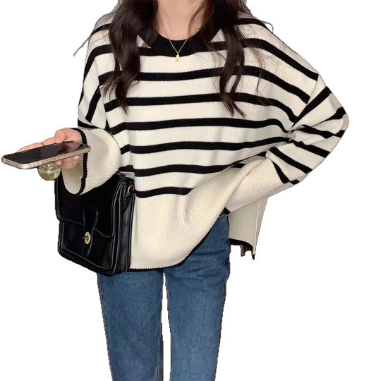Damen gemütlicher Strickpullover mit Streifen Heidi-Mode
