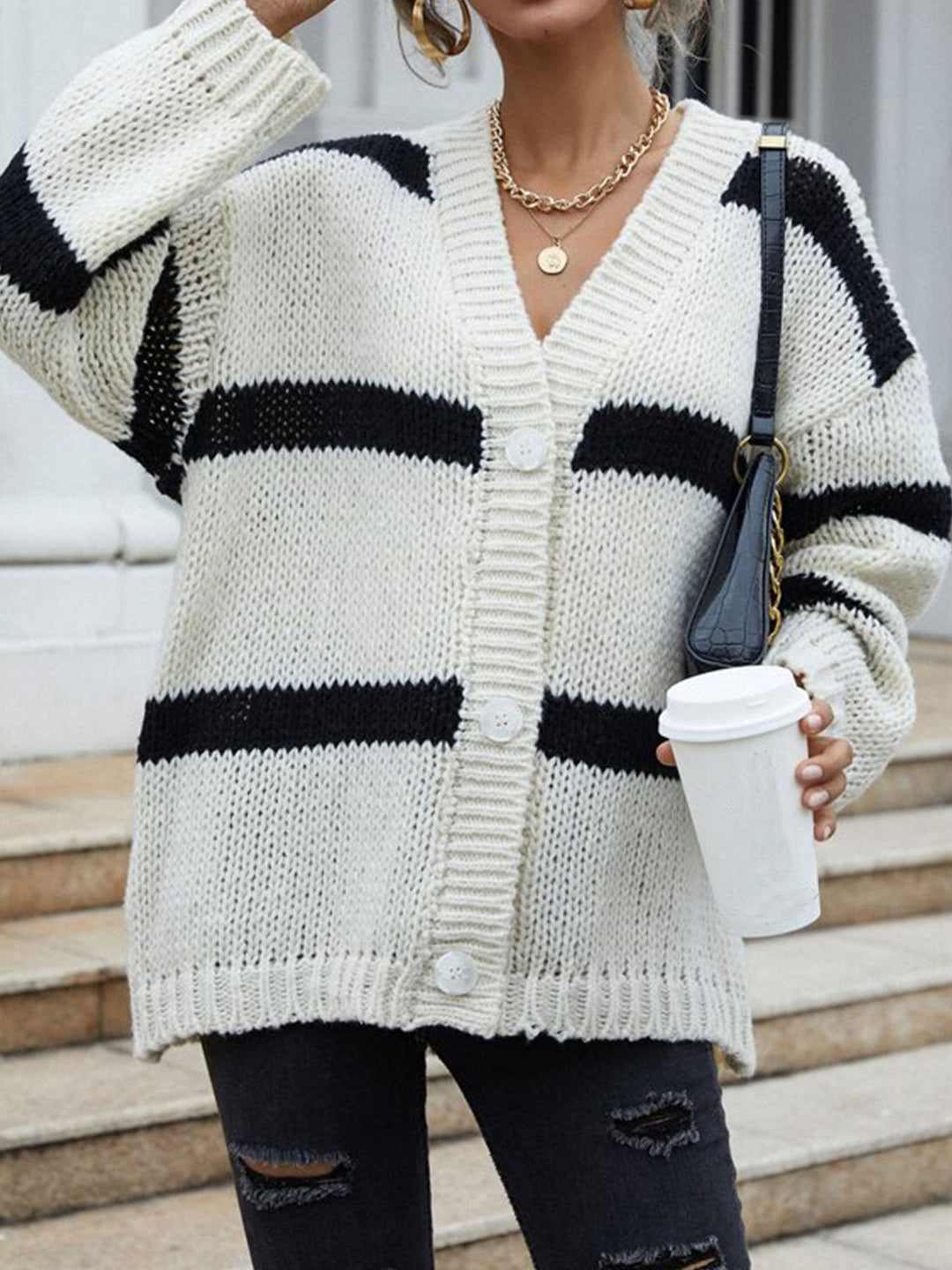 Damen Grobstrickjacke mit modischen Streifen Heidi-Mode