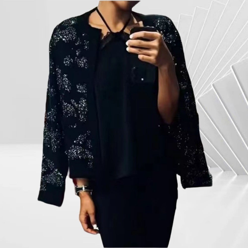 Damen Glitzernde Bomberjacke mit rüschenbesetzten Ärmeln und luxuriösem Design Heidi-Mode