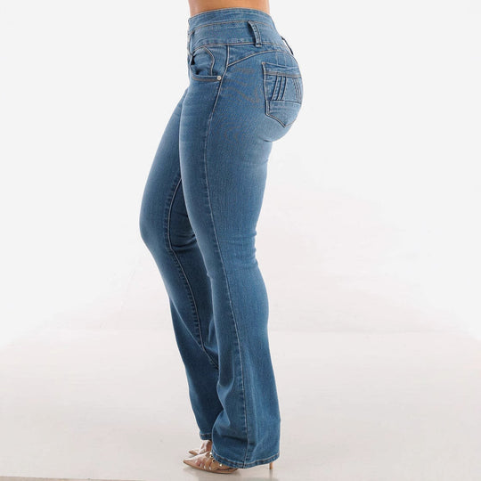 Damen Hochtaillierte Bootcut Jeans mit eleganten Knopfdetails Heidi-Mode