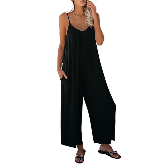 Damen Lässiger Sommer-Jumpsuit mit tiefem Ausschnitt und praktischen Taschen Heidi-Mode