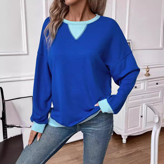 Damen lässiges Sweatshirt mit V-Ausschnitt und Kontrastbündchen Heidi-Mode