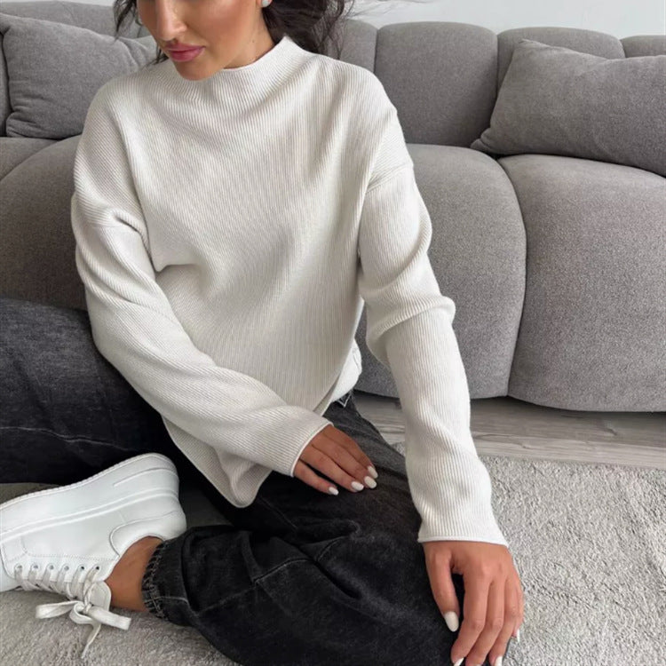 Damen Modernes Strickoberteil mit hochgeschlossenem Kragen und feinem Rippenmuster Heidi-Mode