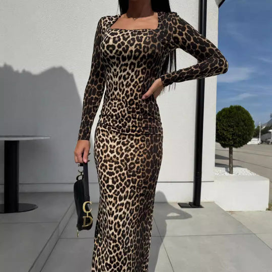 Damen Tierdruck Langarm Maxi Kleid Heidi-Mode