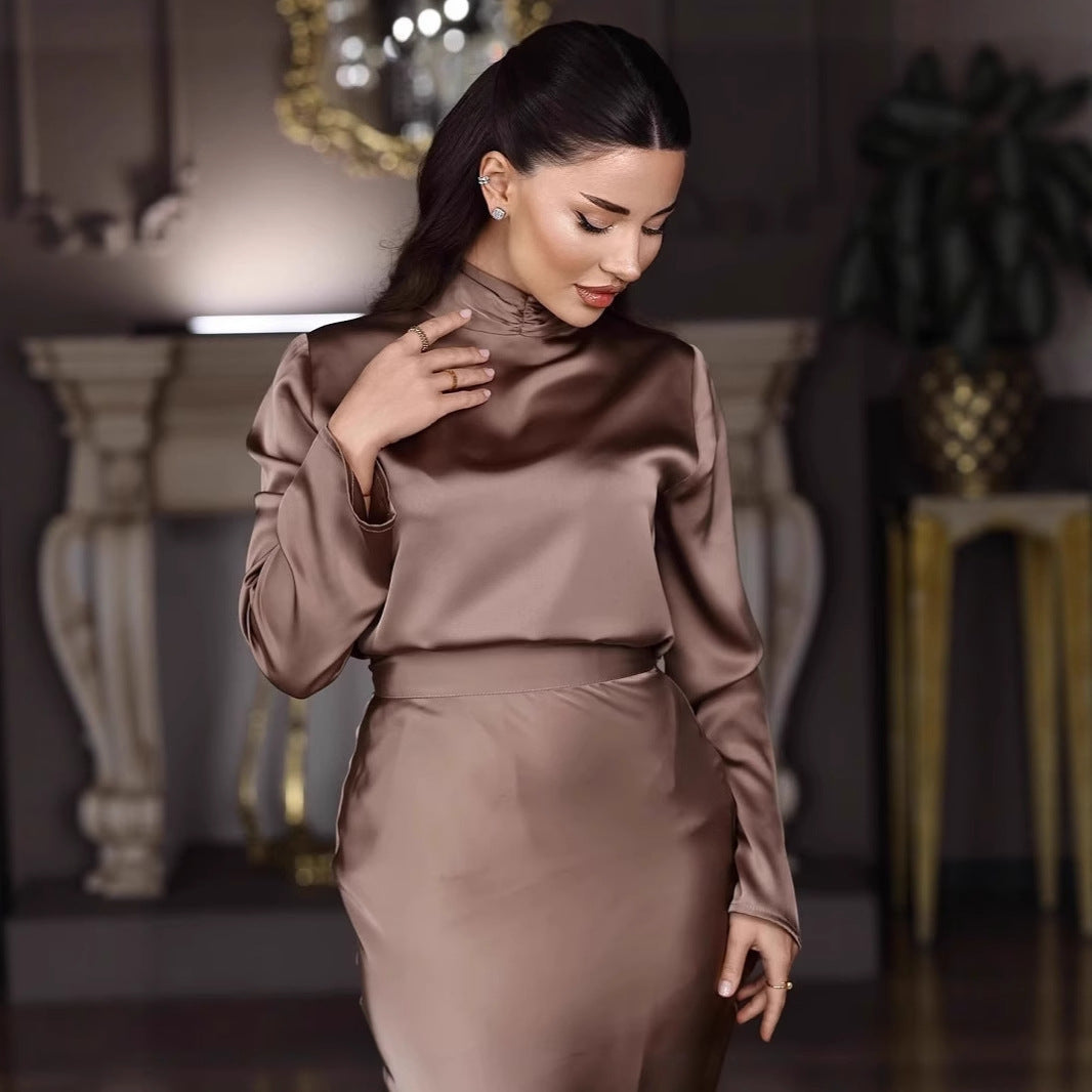 Damen Elegantes bodenlanges Kleid mit hochgeschlossenem Kragen und fließendem Schnitt Heidi-Mode