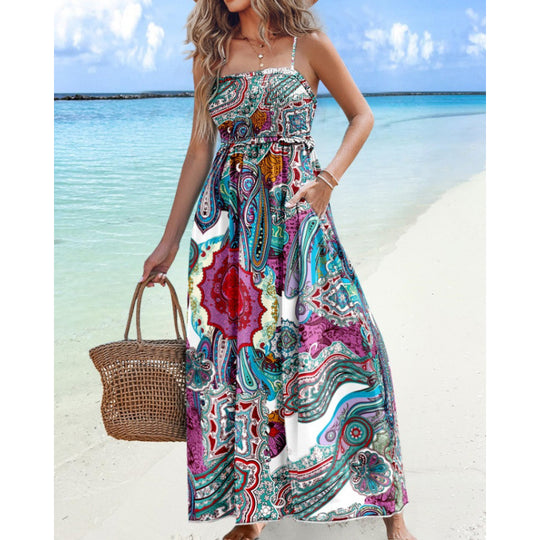 Damen Bohemian Paisleydruck Maxi Kleid mit verstellbaren Trägern Heidi-Mode